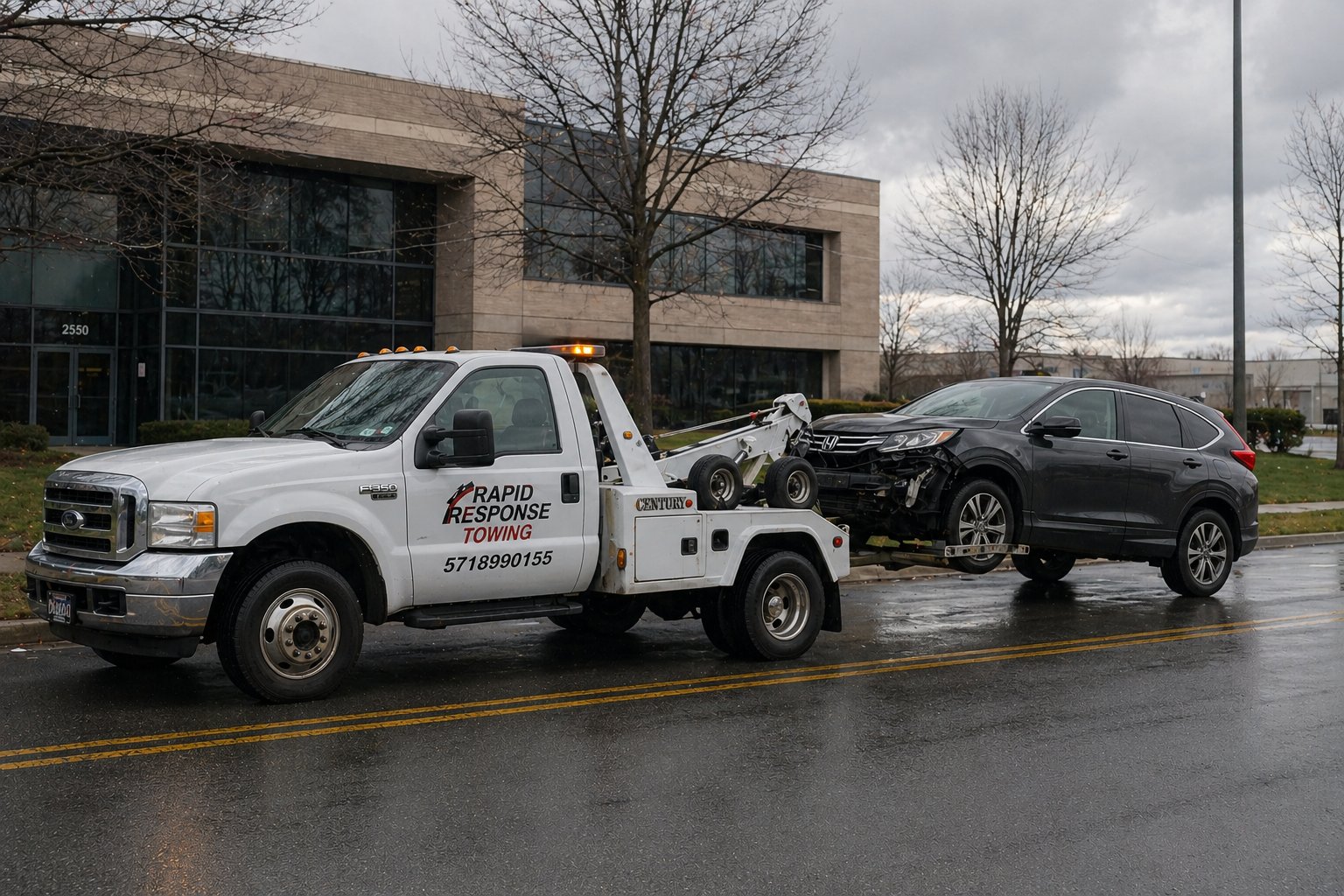 Rapid Response Towing wrecker in the rain